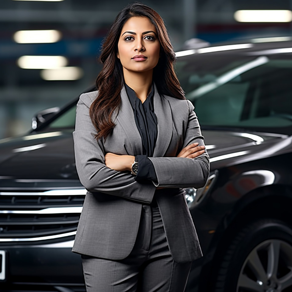 Confident beautiful indian woman automotive human resources manager at work on blured background