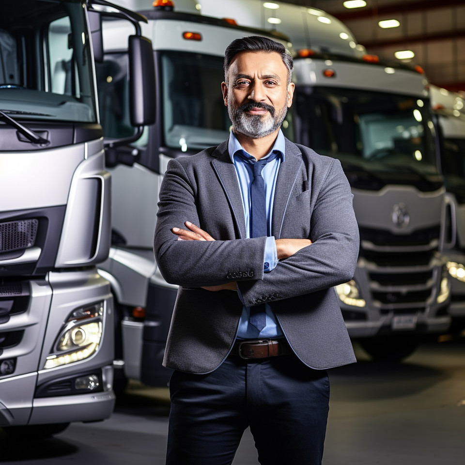 Confident handsome indian man automotive fleet manager at work on blured background