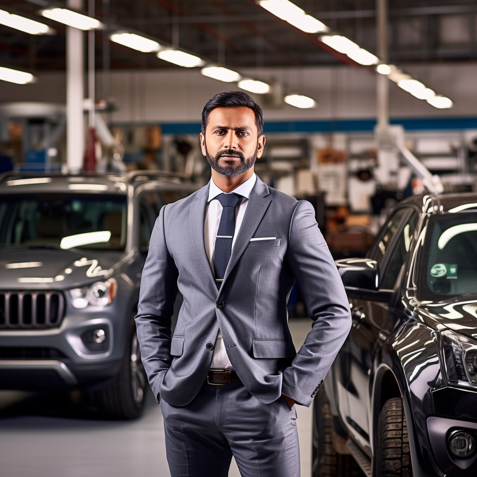 Confident handsome indian man automotive sales representative at work on blured background