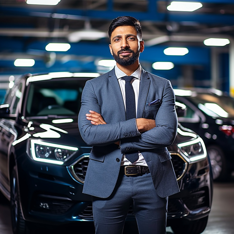 Confident handsome indian man automotive sales representative at work on blured background