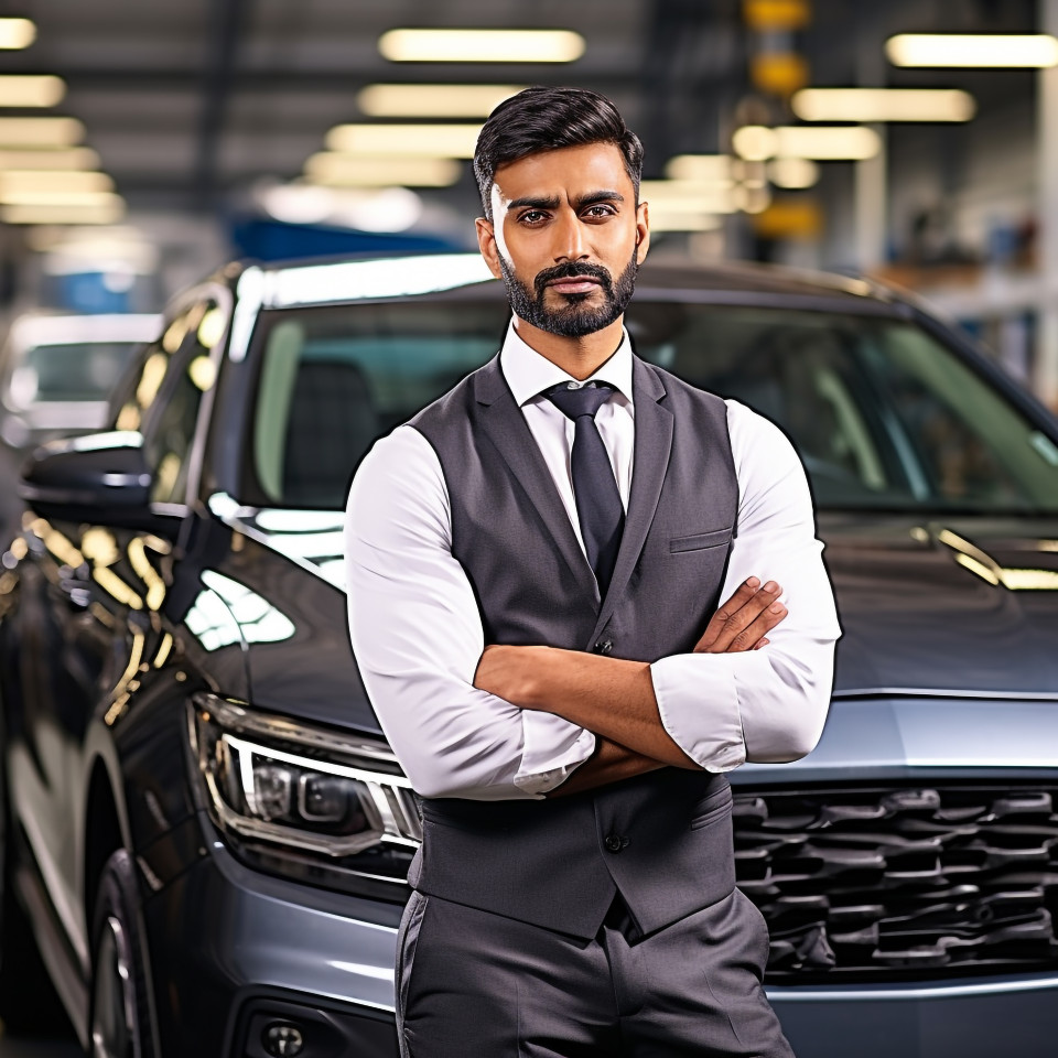 Confident handsome indian man automotive safety compliance specialist at work on blured background