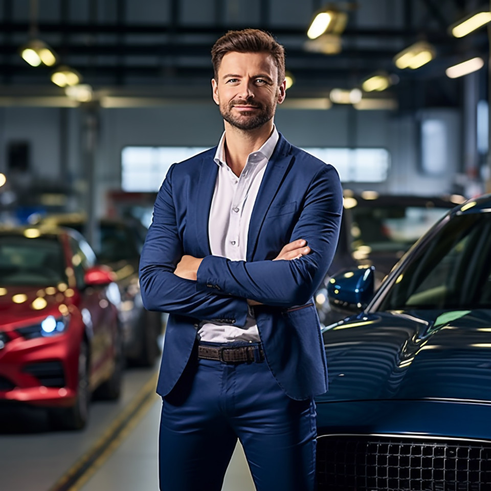 Confident handsome man automotive customer relations specialist at work on blured background