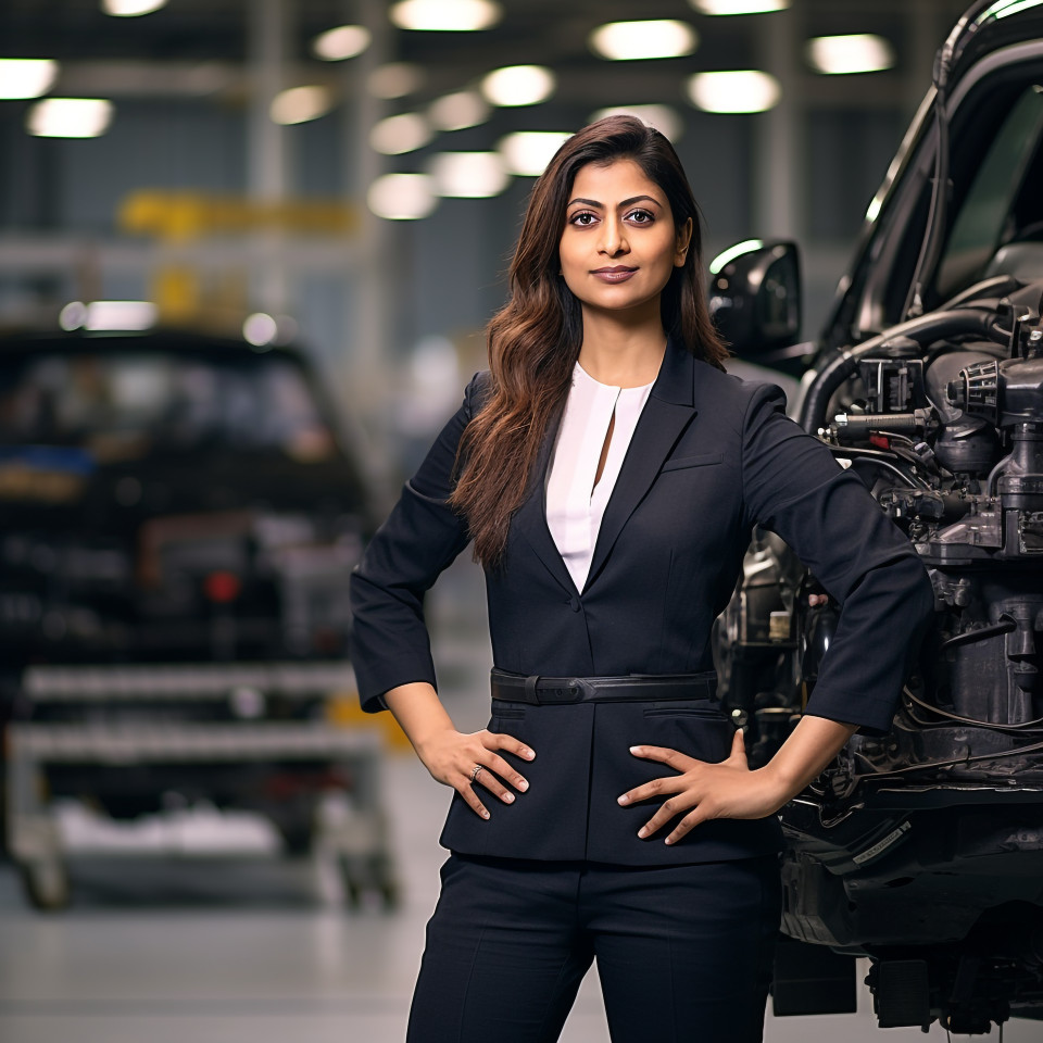 Confident beautiful indian woman automotive accountant at work on blured background