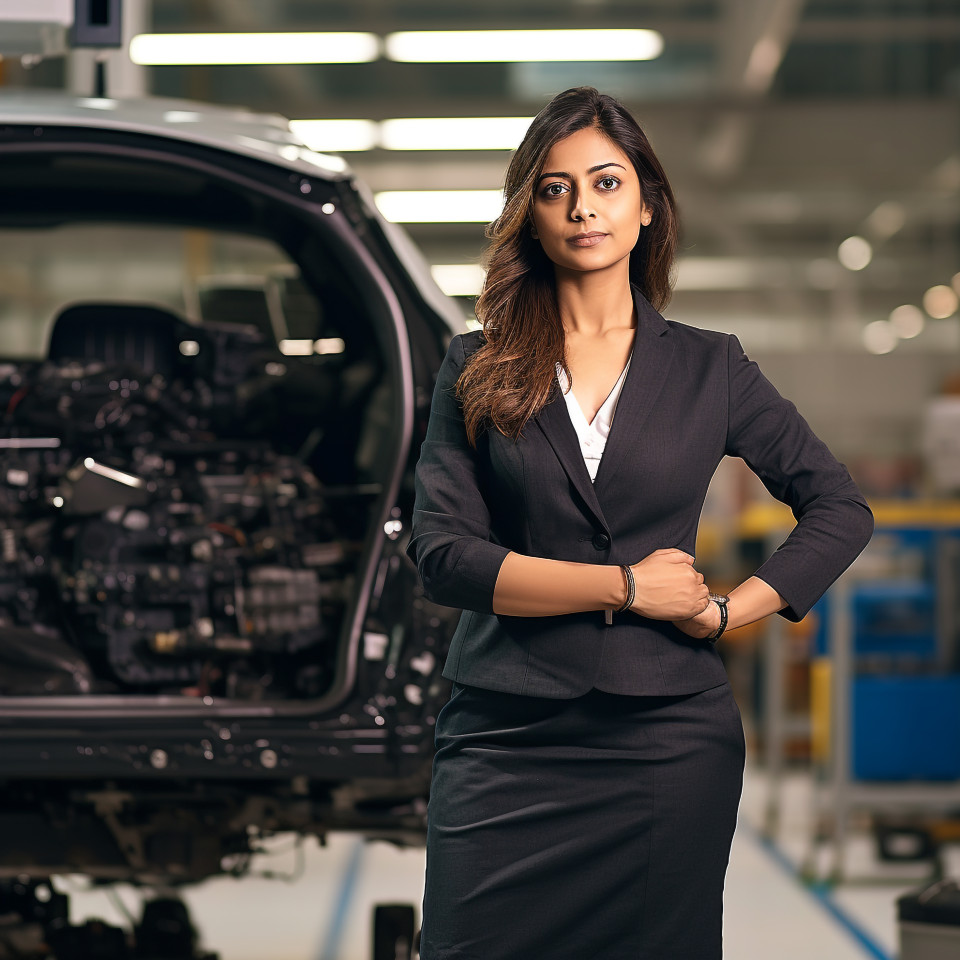 Confident beautiful indian woman automotive accountant at work on blured background