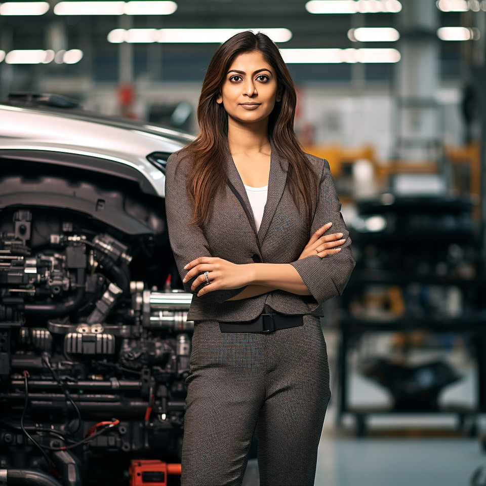 Confident beautiful indian woman automotive accountant at work on blured background