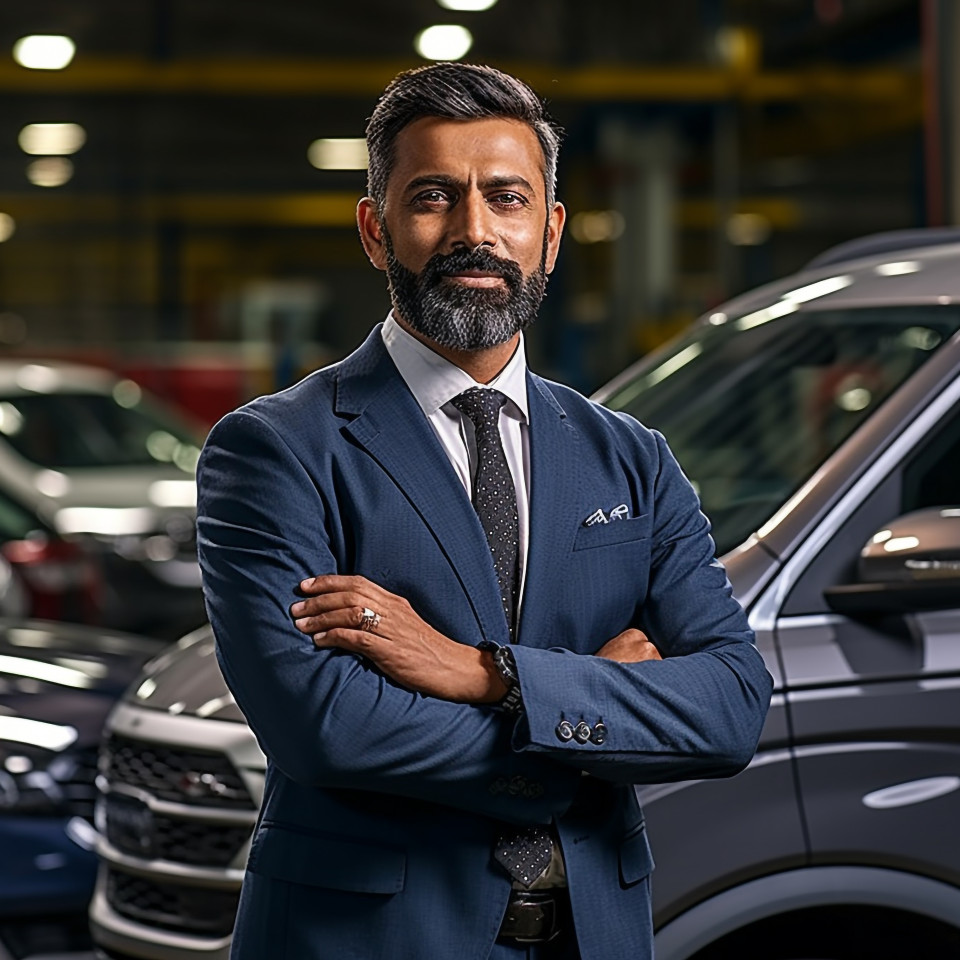 Confident handsome indian man automotive human resources manager at work on blured background