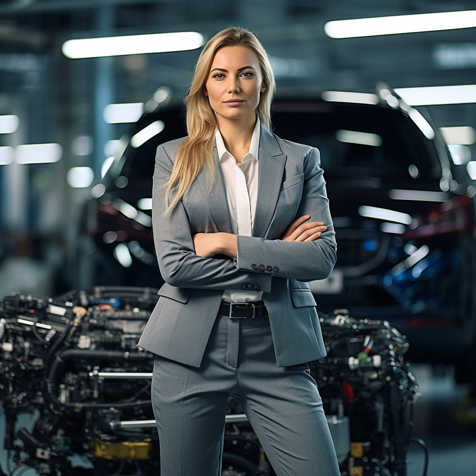 Confident beautiful woman automotive marketing manager at work on blured background