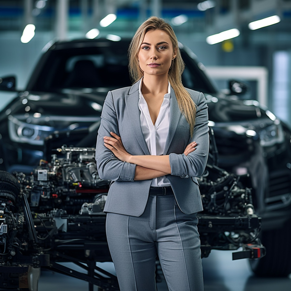 Confident beautiful woman automotive marketing manager at work on blured background