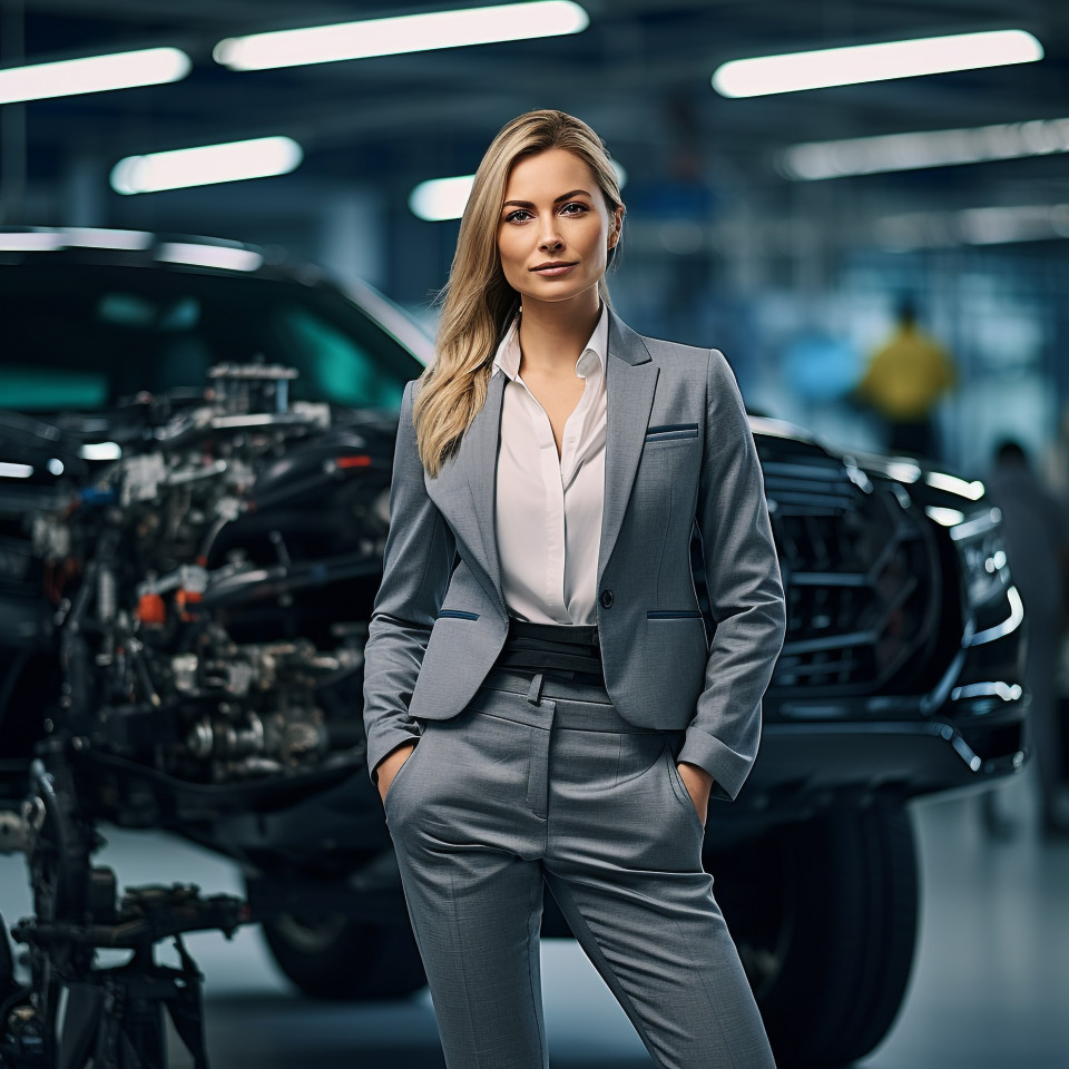 Confident beautiful woman automotive marketing manager at work on blured background