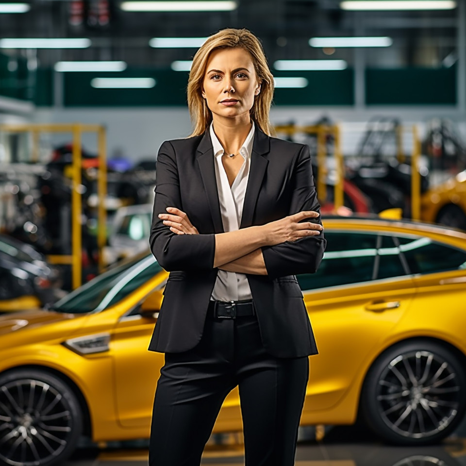 Confident beautiful woman automotive finance manager at work on blured background