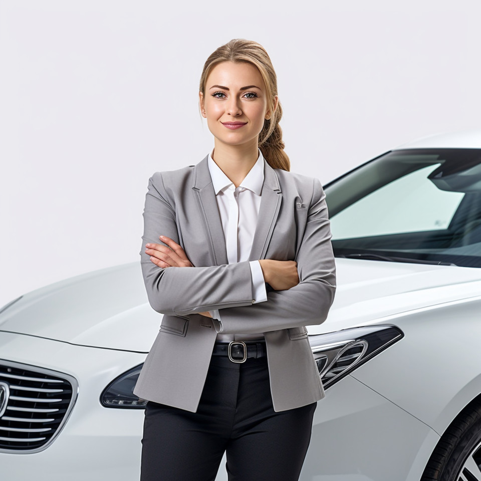 Confident beautiful woman automotive customer service representatives at work on isolated white background
