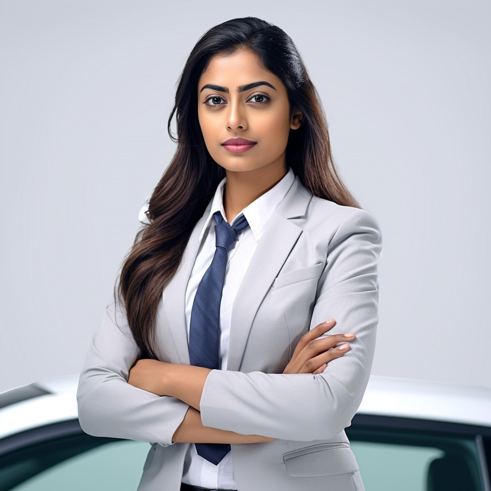 Confident beautiful indian woman automotive customer service representatives at work on isolated white background