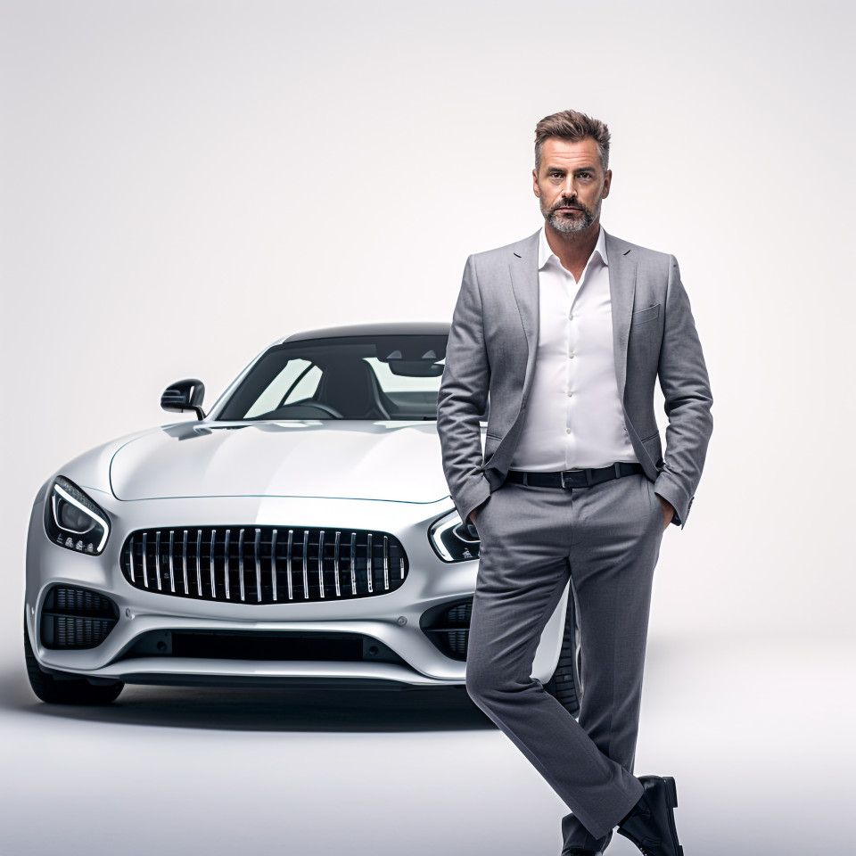 Confident handsome man automotive sales representative at work on isolated white background