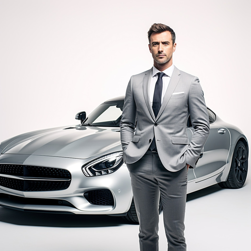 Confident handsome man automotive sales representative at work on isolated white background