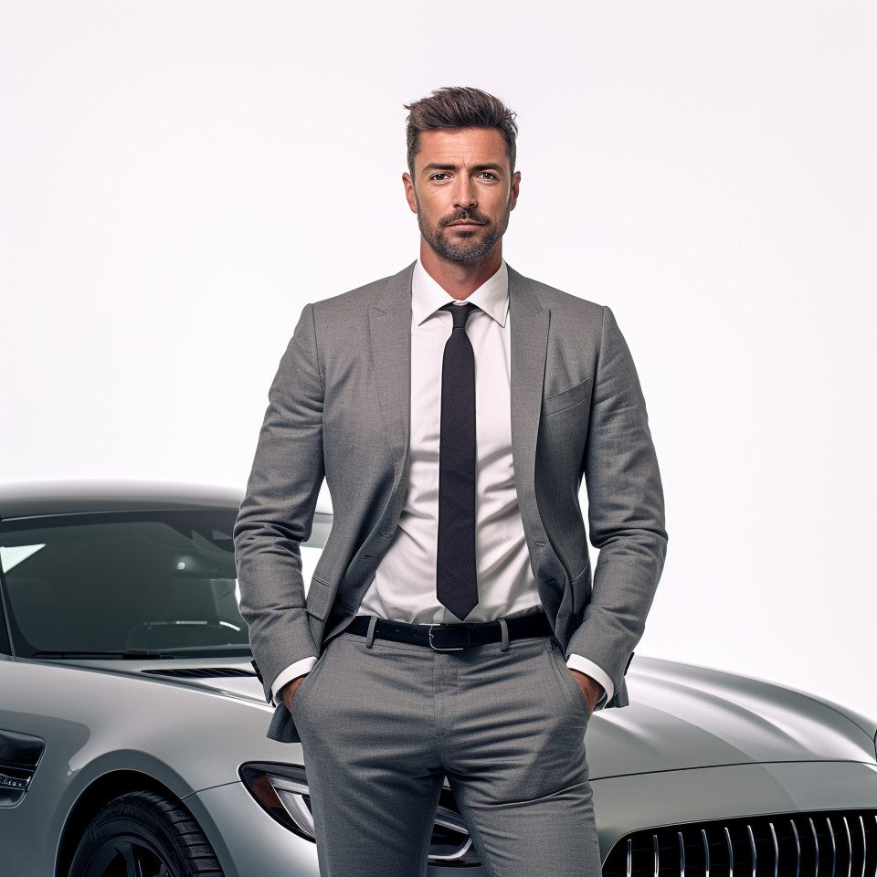 Confident handsome man automotive sales representative at work on isolated white background