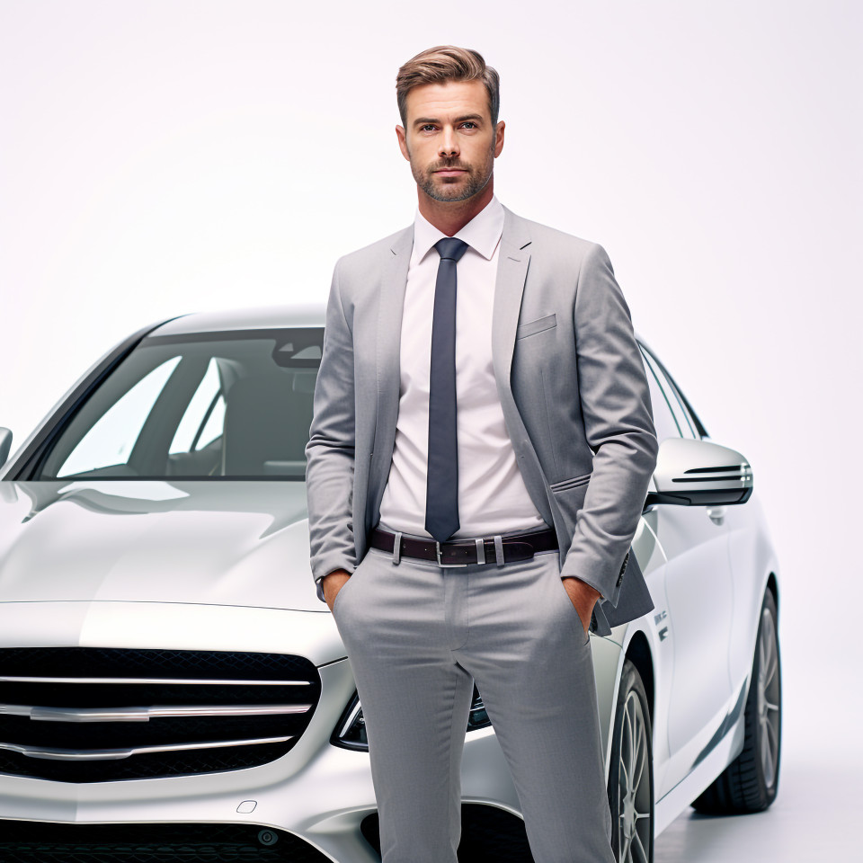 Confident handsome man automotive human resources manager at work on isolated white background