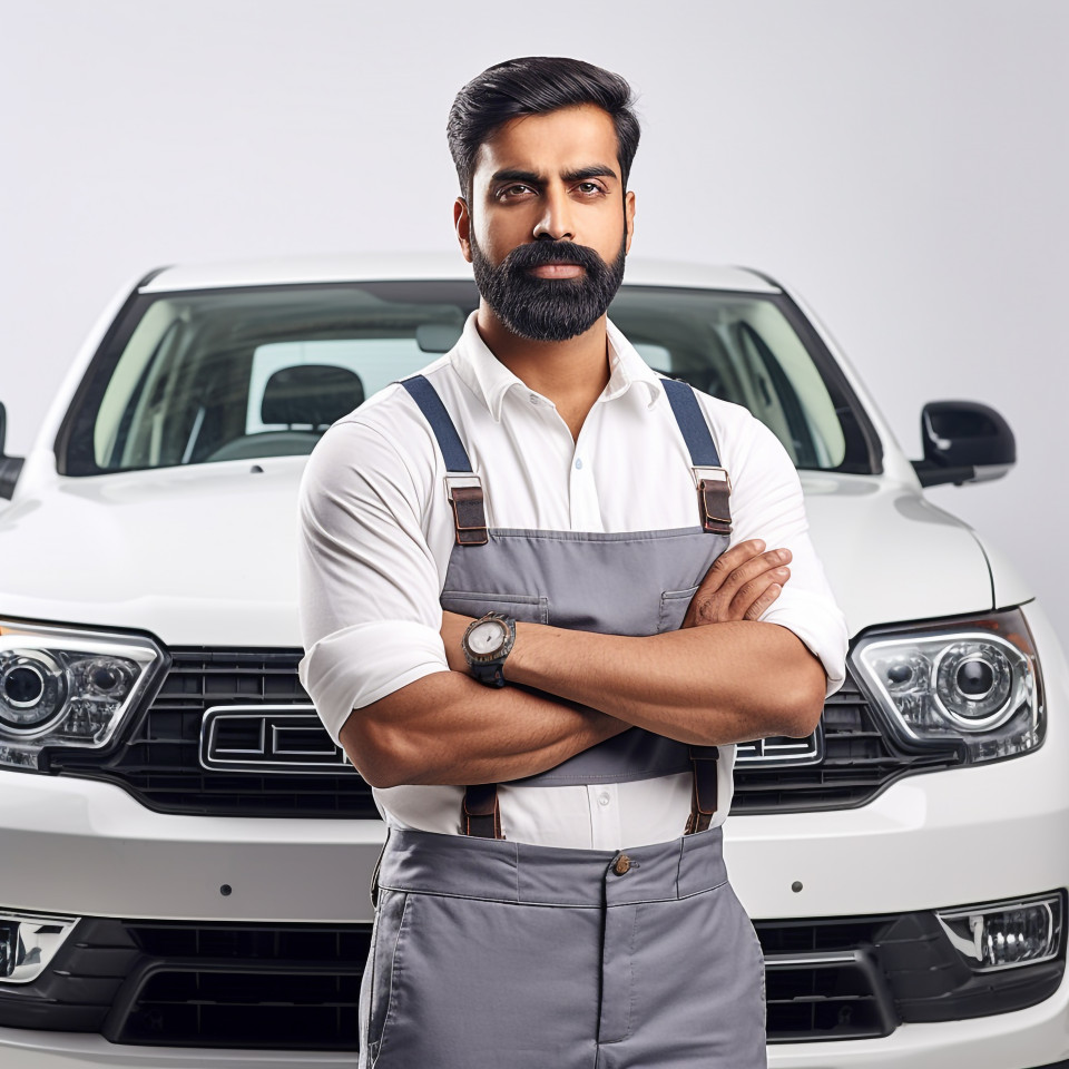 Confident handsome indian man automotive training instructor at work on isolated white background