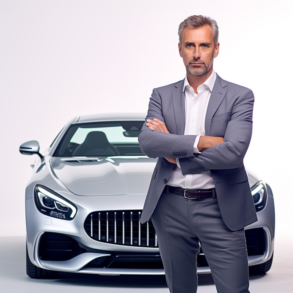 Confident handsome man automotive general manager at work on white background