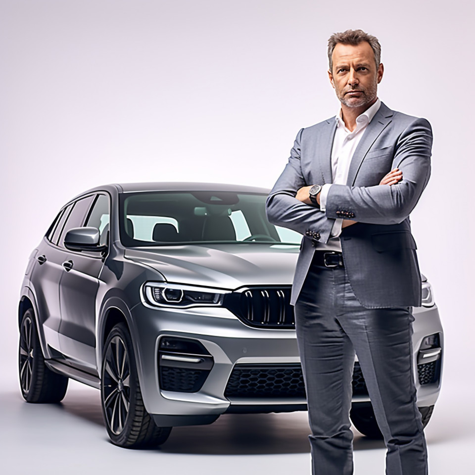 Confident handsome man automotive general manager at work on white background