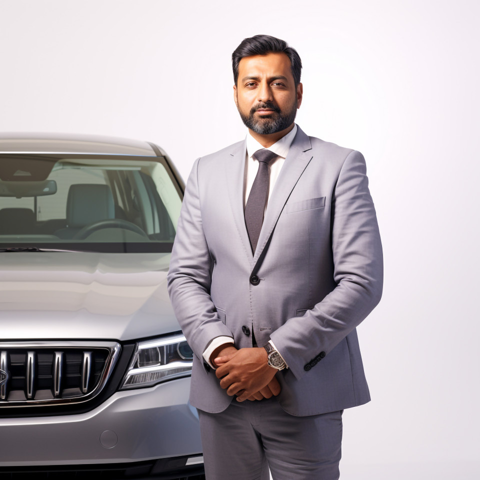 Confident handsome indian man automotive sales manager at work on white background
