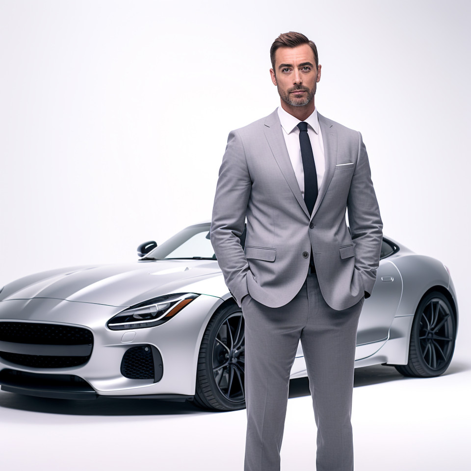 Confident handsome man automotive marketing manager at work on white background