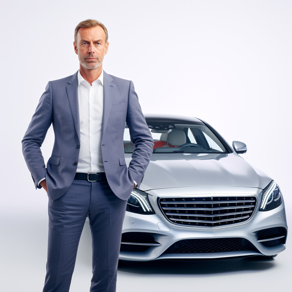 Confident handsome man automotive general manager at work on white background