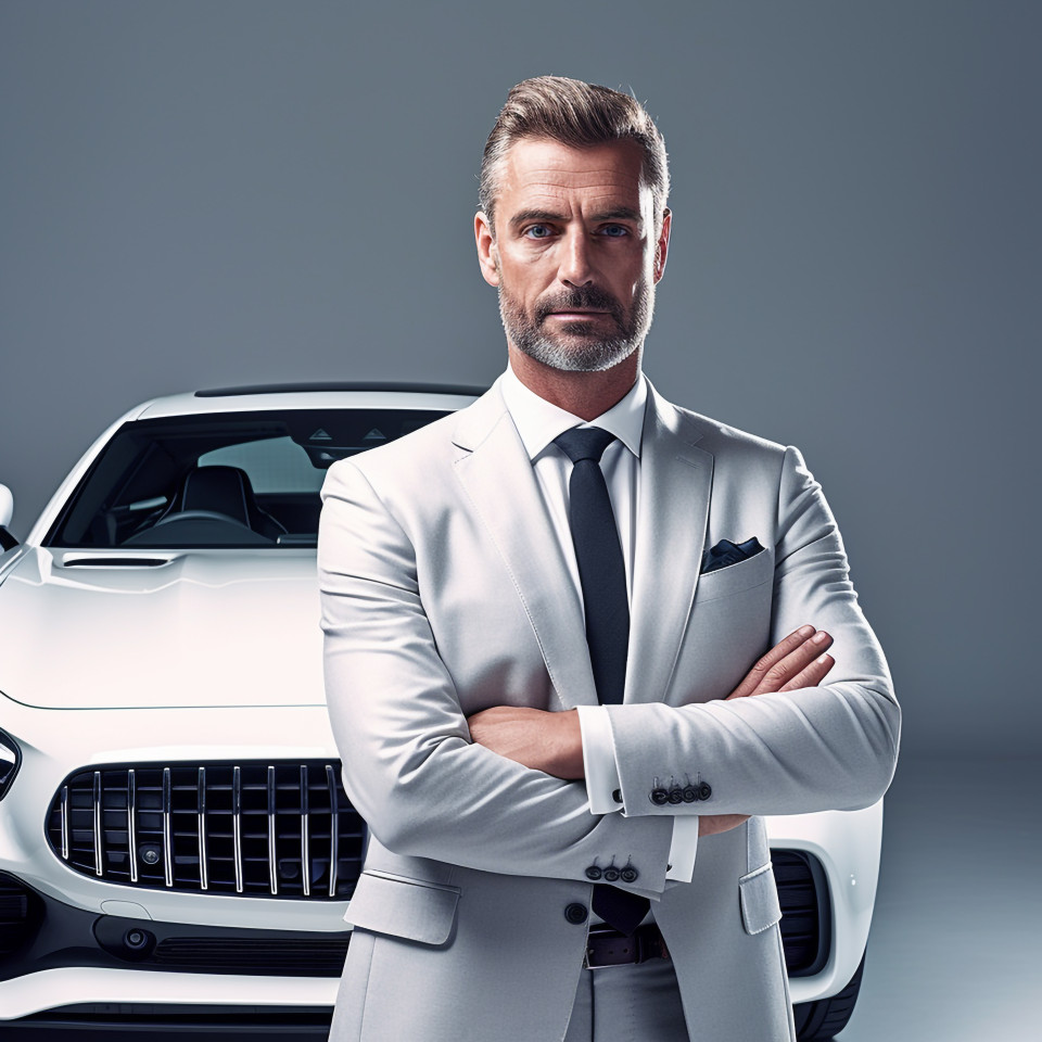 Confident handsome man automotive general manager at work on white background