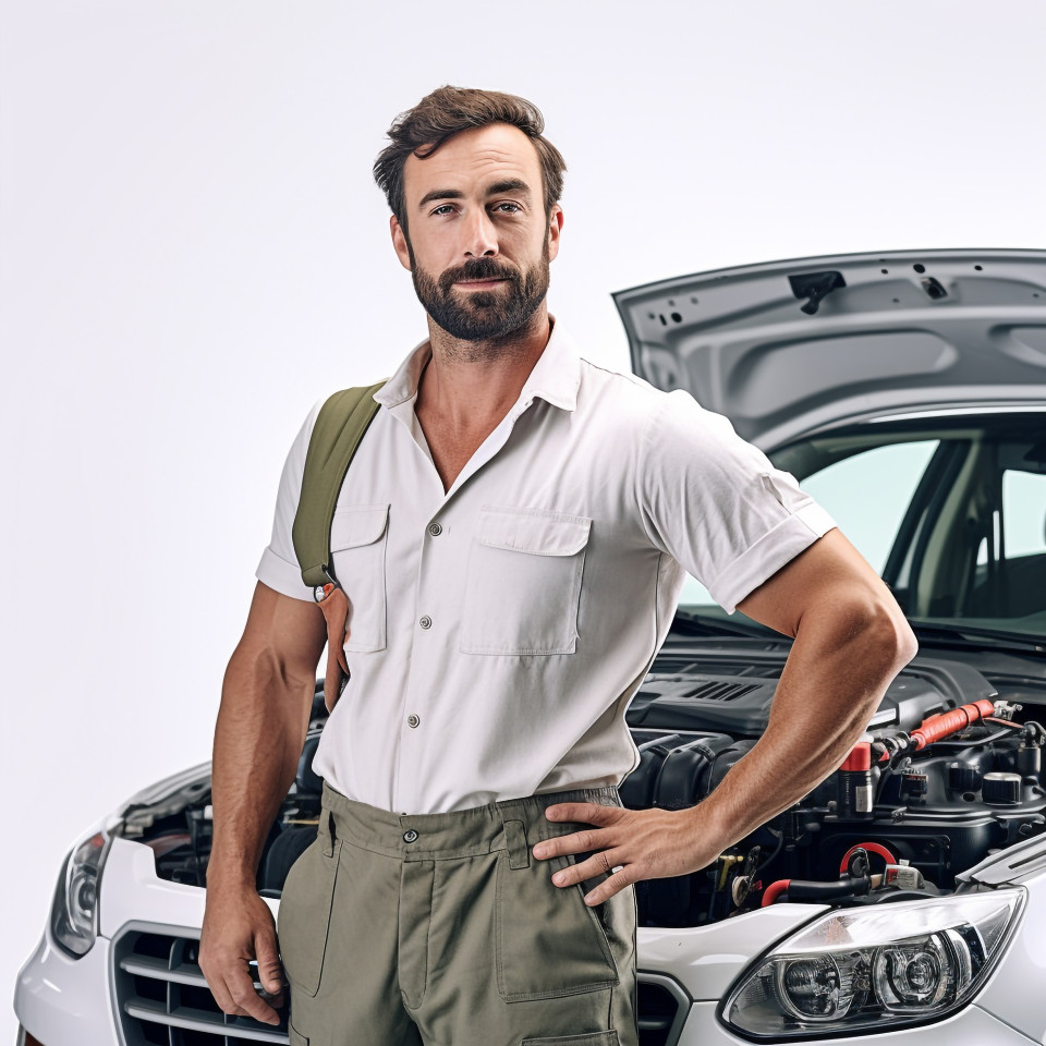 Confident handsome man automotive service technician at work on white background