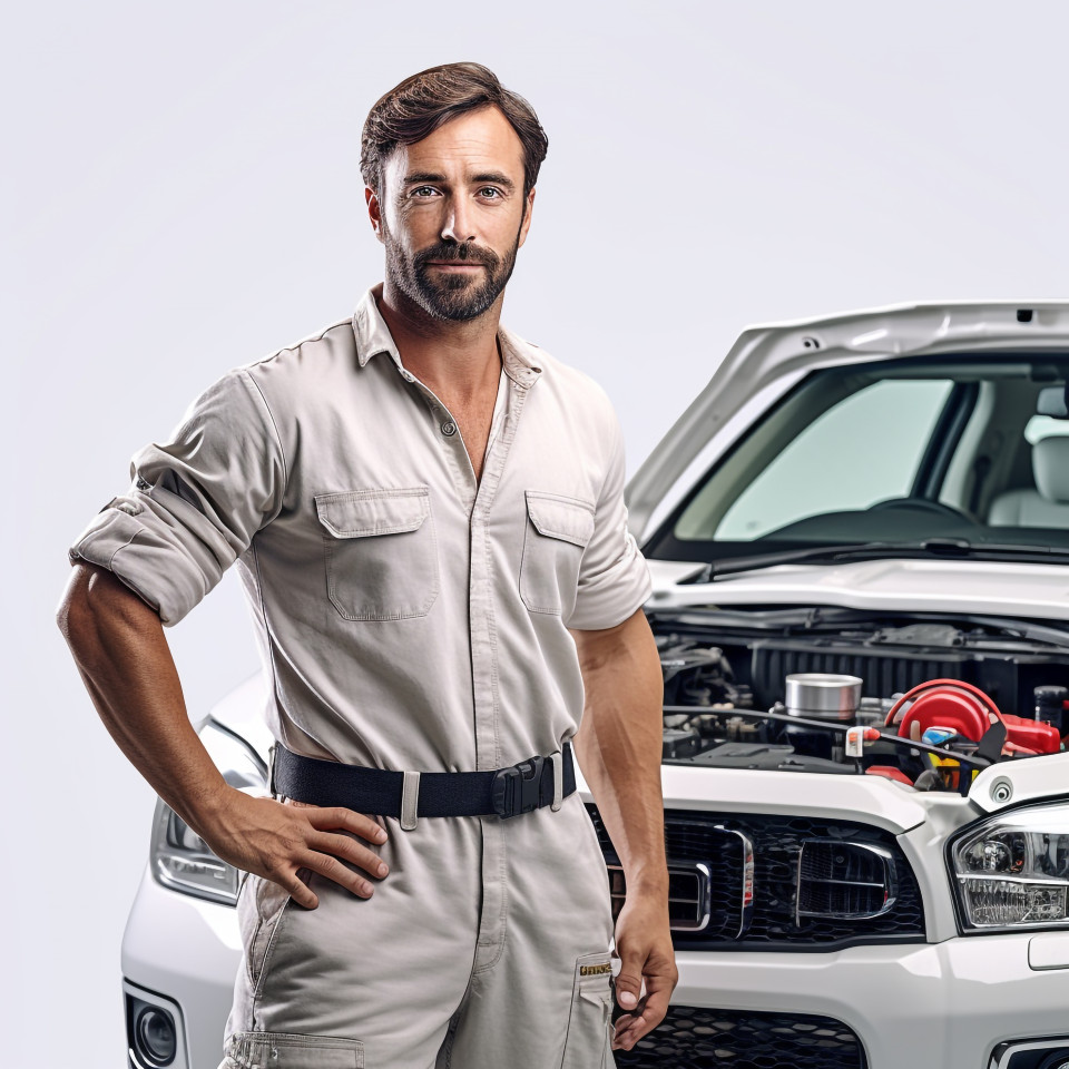 Confident handsome man automotive service technician at work on white background