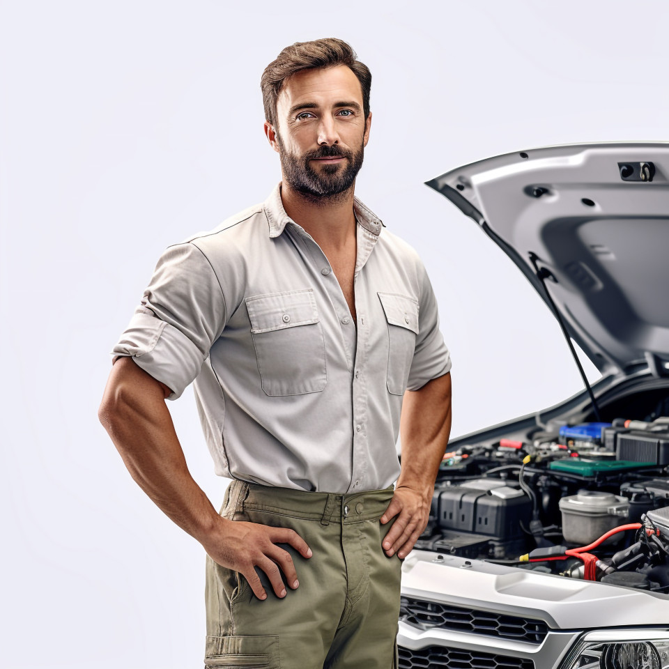 Confident handsome man automotive service technician at work on white background