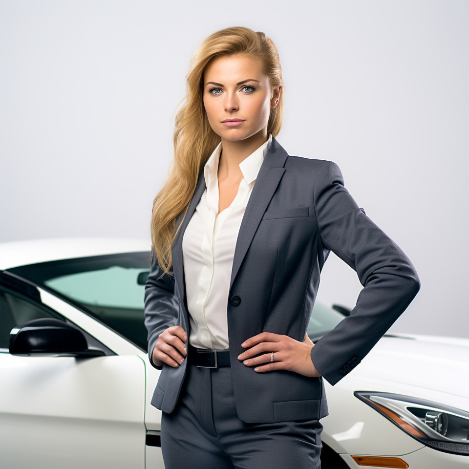 Confident beautiful woman automotive safety compliance specialist at work on white background