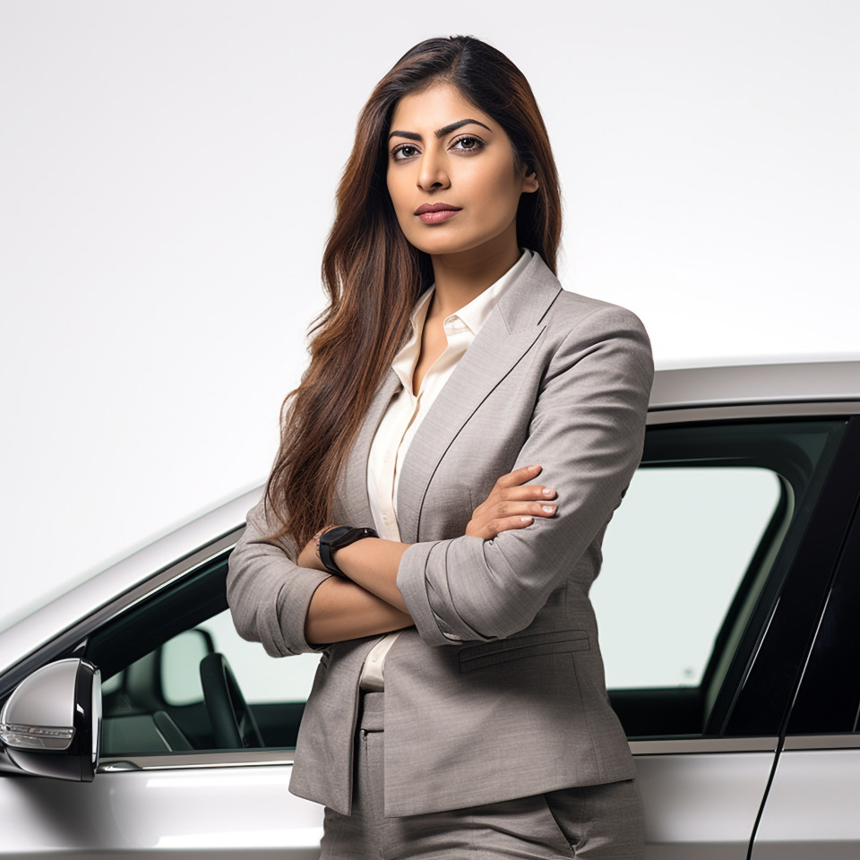 Confident beautiful indian woman automotive sales manager at work on white background