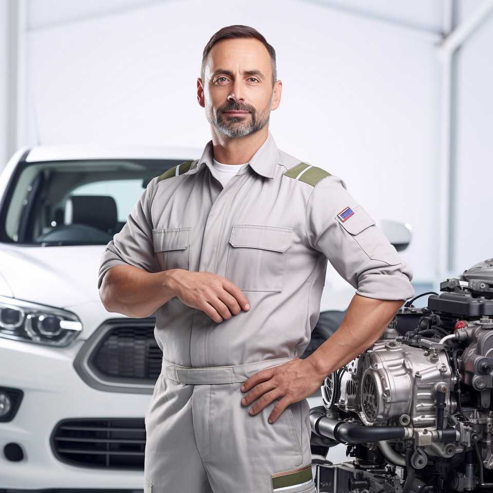 Confident handsome man automotive quality control inspector at work on white background
