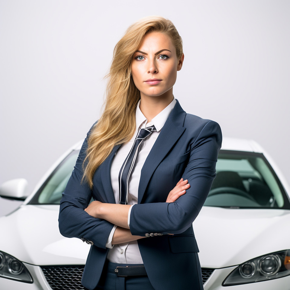 Confident beautiful woman automotive safety compliance specialist at work on white background