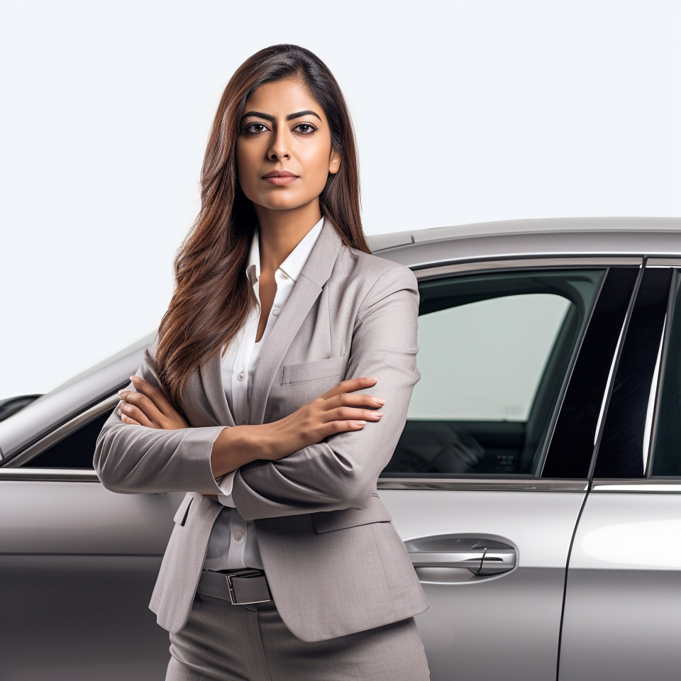 Confident beautiful indian woman automotive sales manager at work on white background