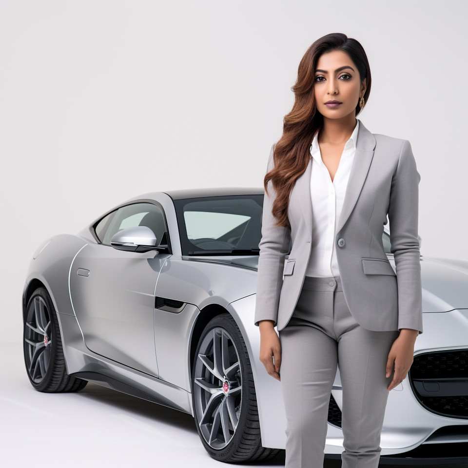 Confident beautiful indian woman automotive general manager at work on isolated white background