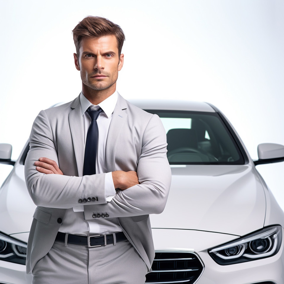 Confident handsome man automotive compliance and safety officer at work on isolated white background