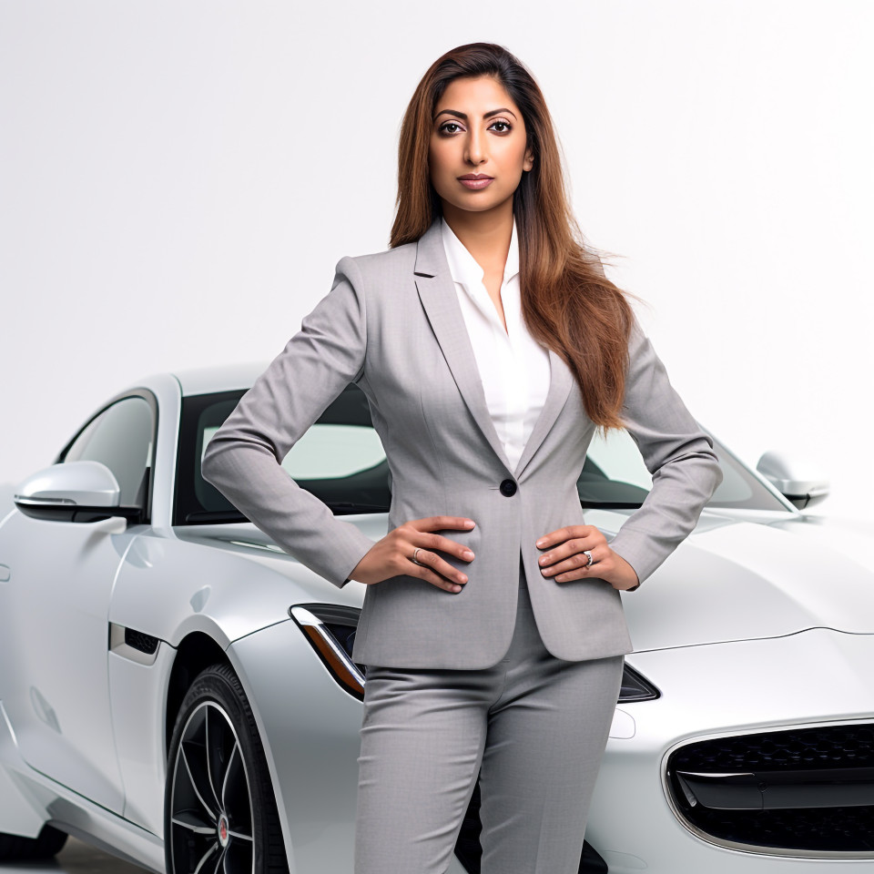 Confident beautiful indian woman automotive general manager at work on isolated white background