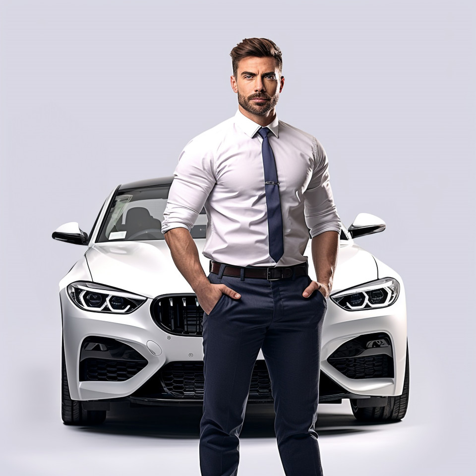 Confident handsome man automotive safety compliance specialist at work on isolated white background