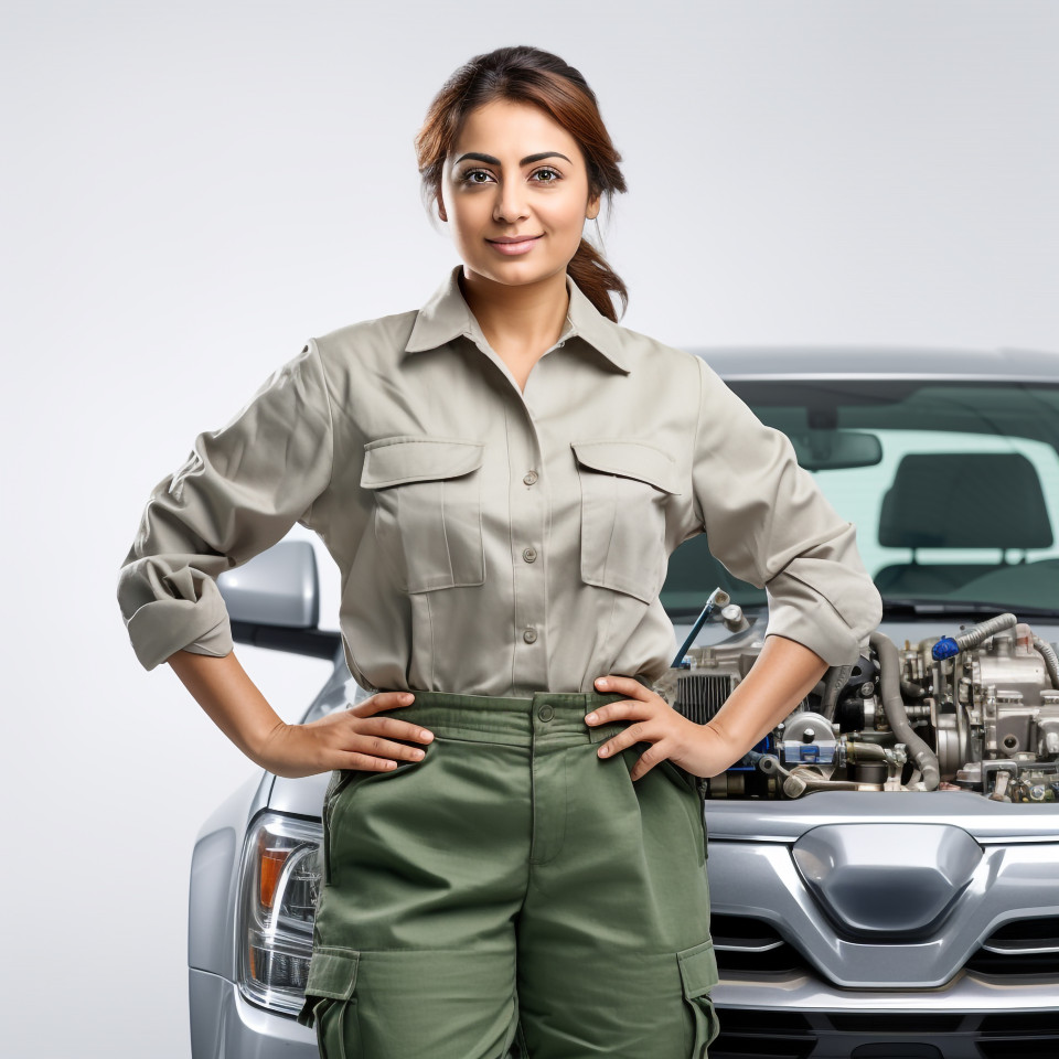 Confident beautiful indian woman automotive service technician at work on isolated white background