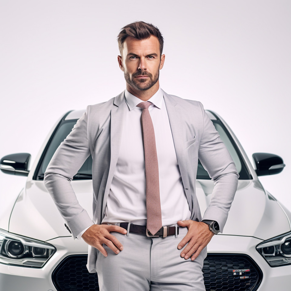 Confident handsome man automotive safety compliance specialist at work on isolated white background