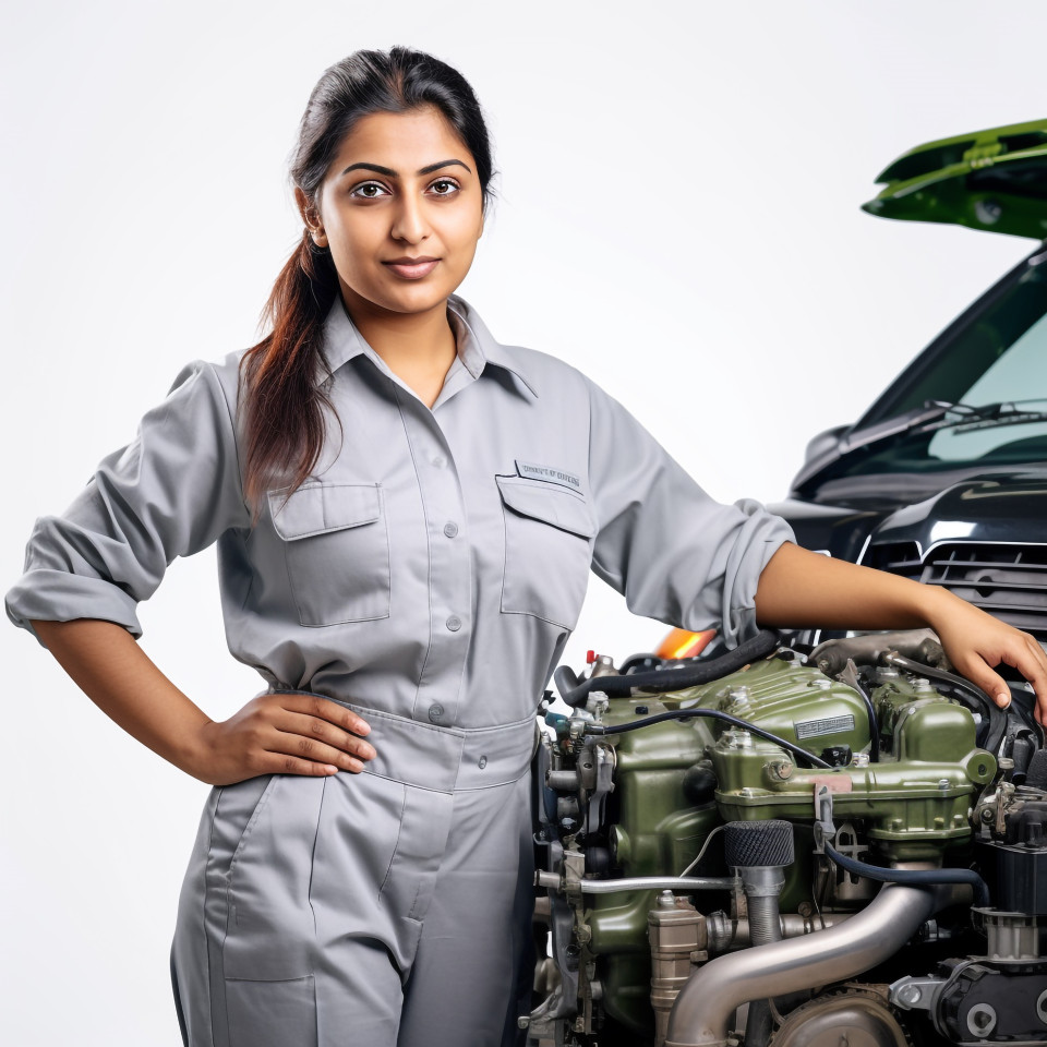 Confident beautiful indian woman automotive service technician at work on isolated white background