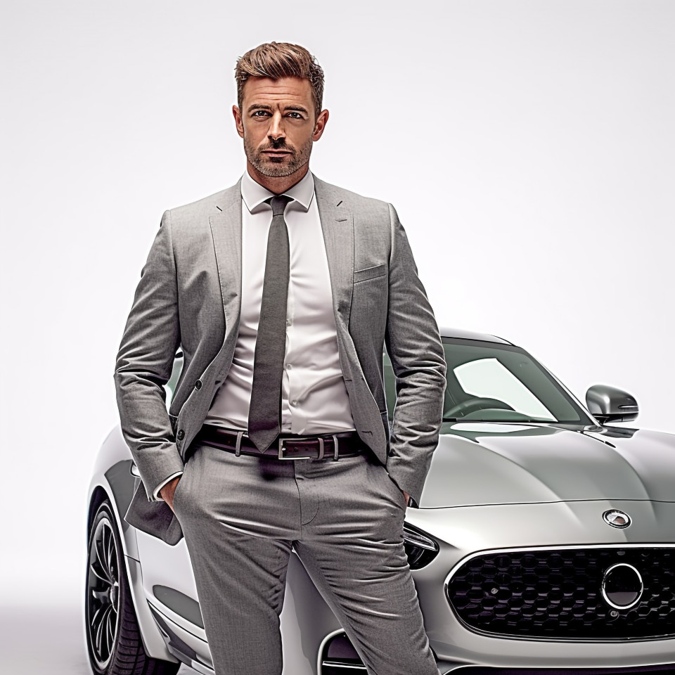 Confident handsome man automotive valets at work on isolated white background