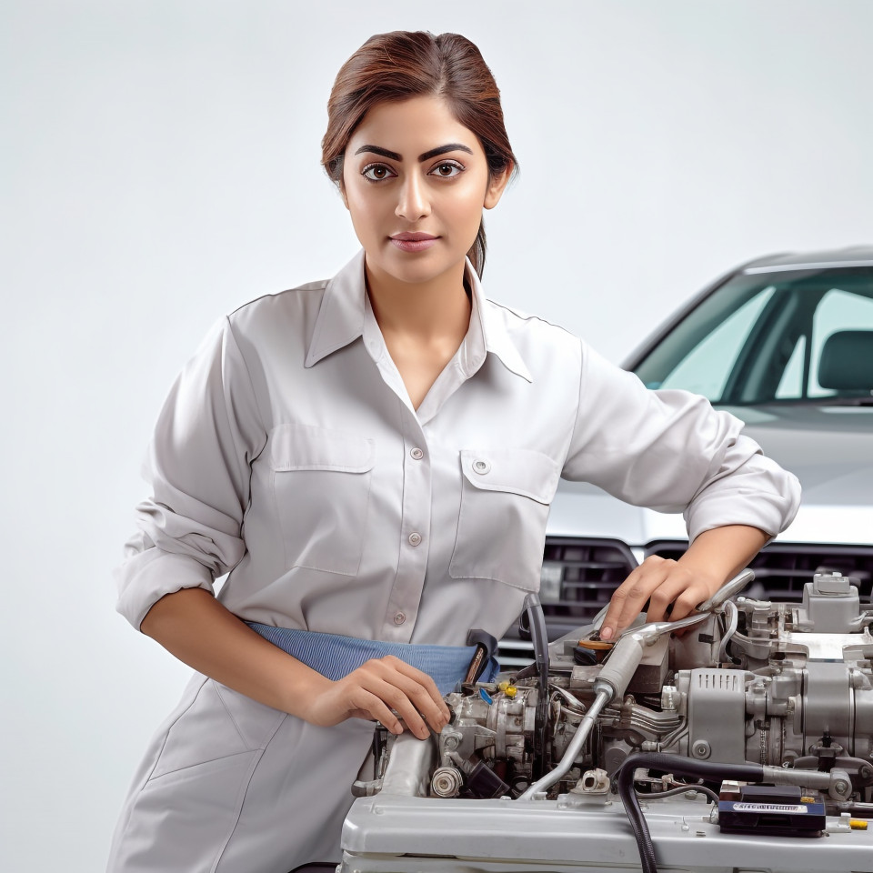 Confident beautiful indian woman automotive service technician at work on isolated white background