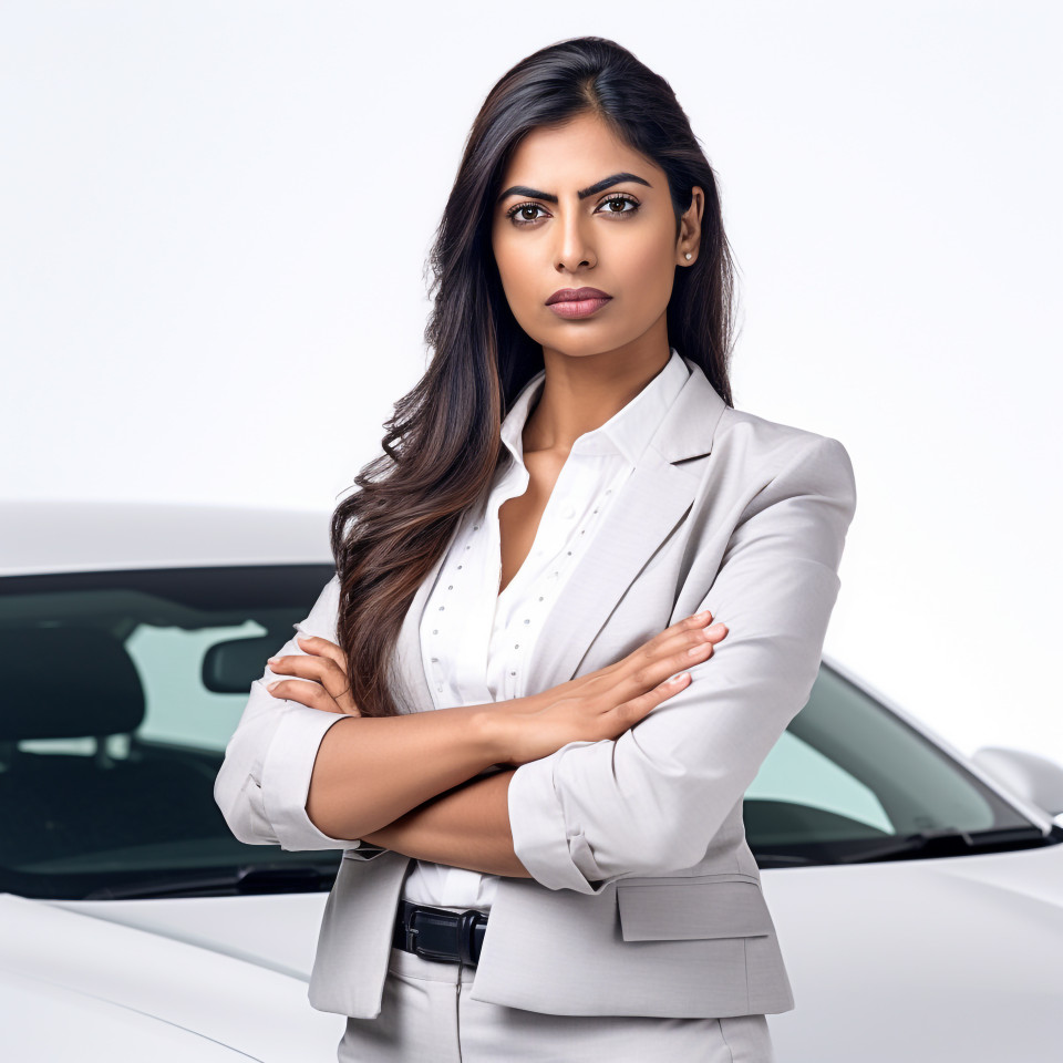 Confident beautiful indian woman automotive safety compliance specialist at work on isolated white background