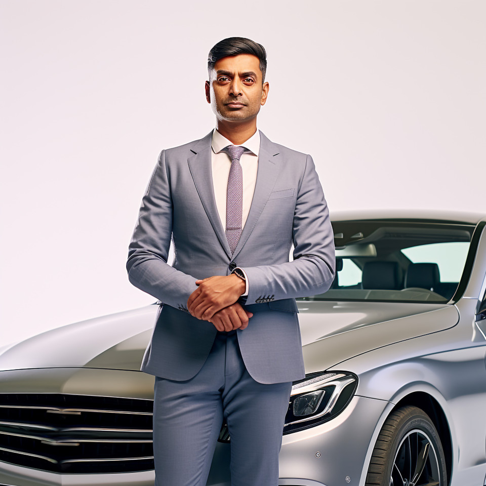 Confident handsome indian man automotive human resources manager at work on isolated white background