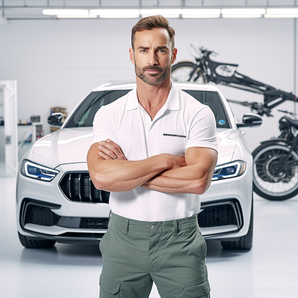 Confident handsome man automotive training instructor at work on isolated white background