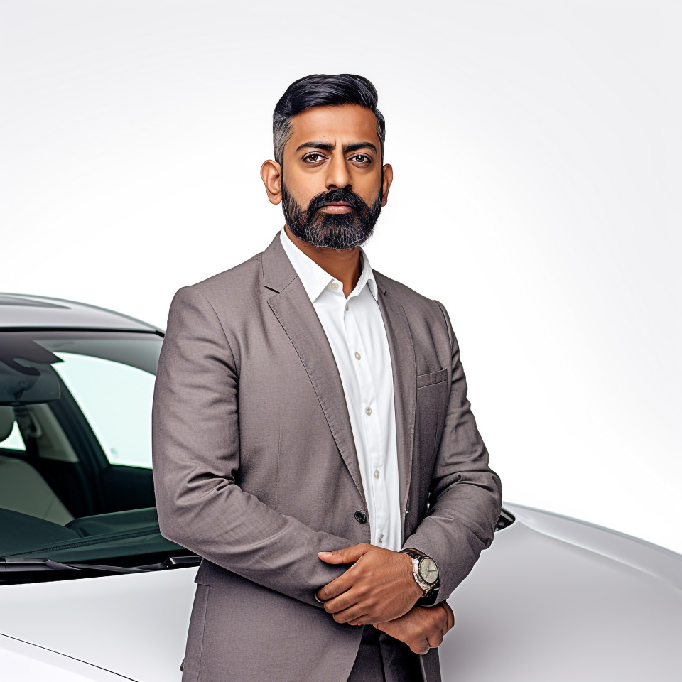 Confident handsome indian man automotive human resources manager at work on isolated white background