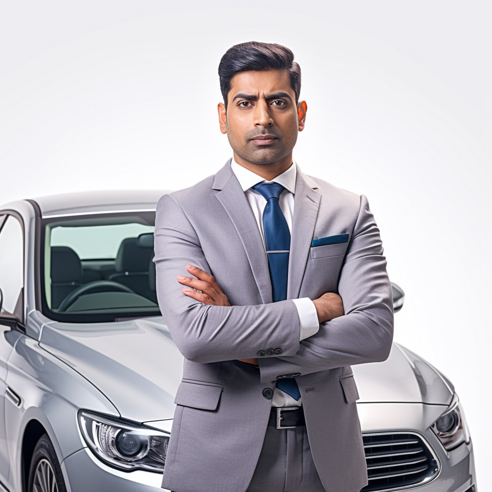 Confident handsome indian man automotive compliance and safety officer at work on isolated white background
