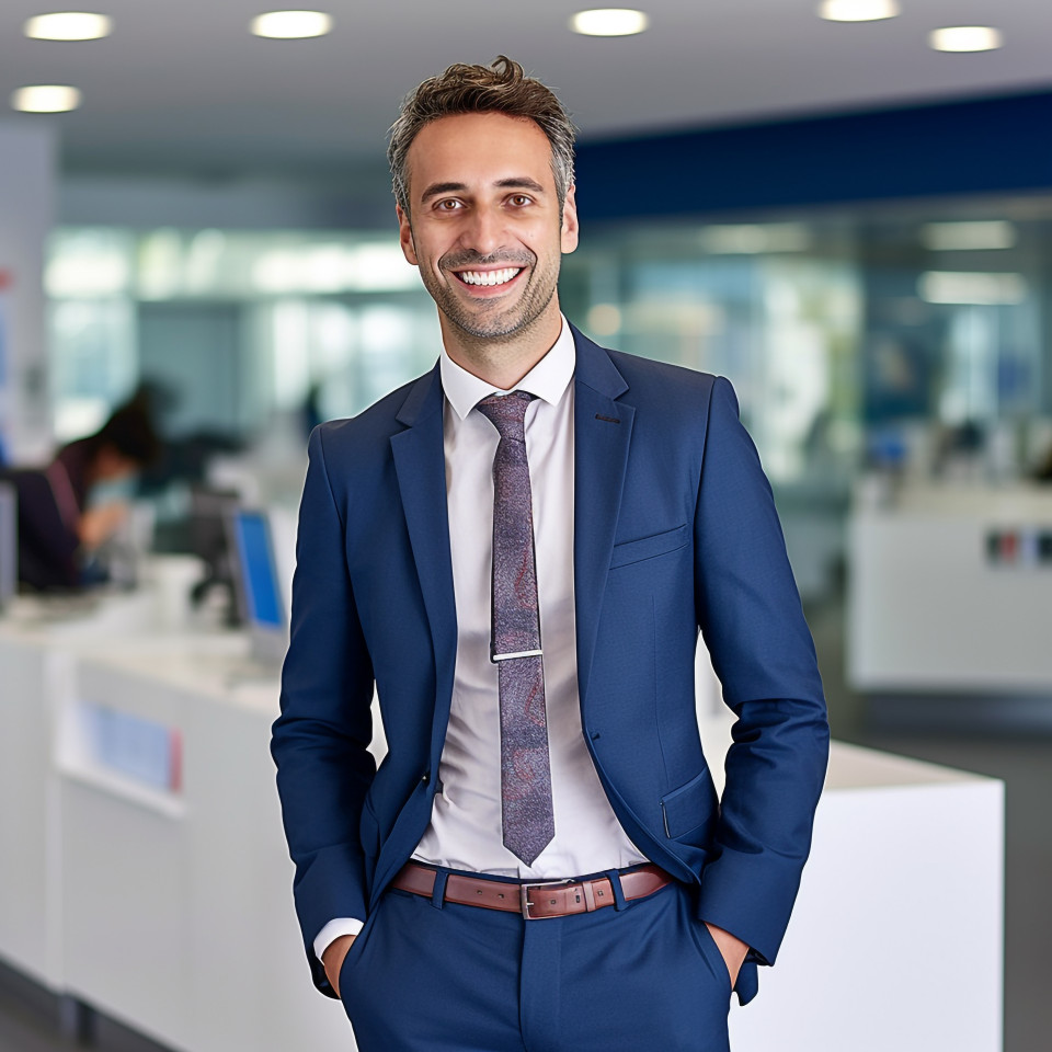 Friendly smiling banker at work helping customers